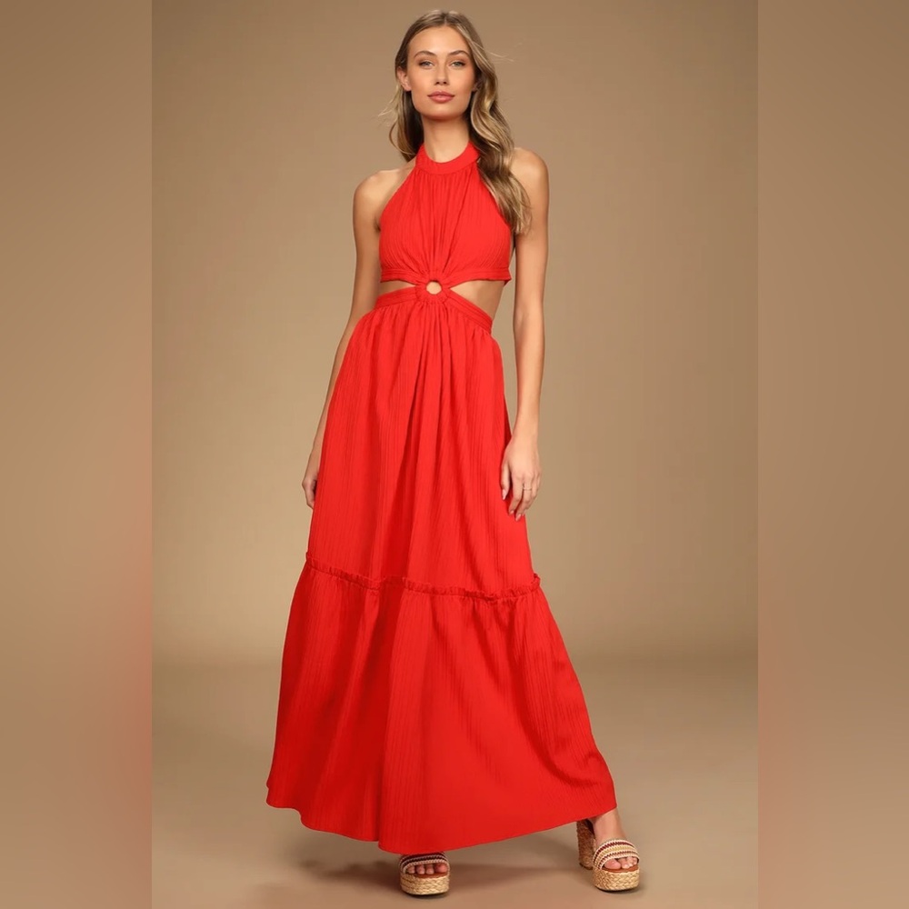 Lulu’s Island Vacay Red Tie-Back Maxi Dress